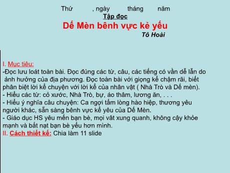 Bài giảng Tiếng Việt 4 - Bài (Tập đọc): Dế mèn bênh vực kẻ yếu - Phạm Thị Hương Giang