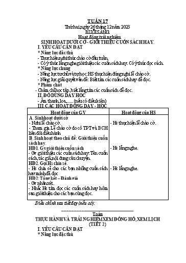 Giáo án Tiếng Việt + Toán Lớp 2 (Kết nối tri thức) - Tuần 17 - Năm học 2023-2024 - Hoàng Thi Thơ