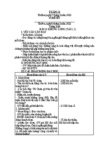 Giáo án Tiếng Việt + Toán Lớp 2 (Kết nối tri thức) - Tuần 21 - Năm học 2021-2022 - Hoàng Thi Thơ