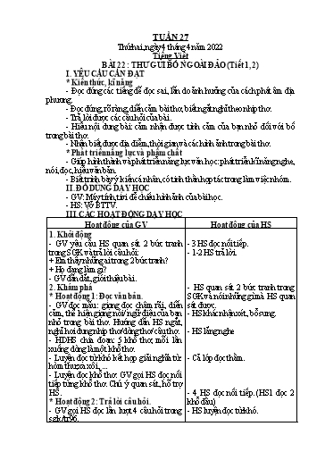 Giáo án Tiếng Việt + Toán Lớp 2 (Kết nối tri thức) - Tuần 27 - Năm học 2021-2022 - Hoàng Thi Thơ