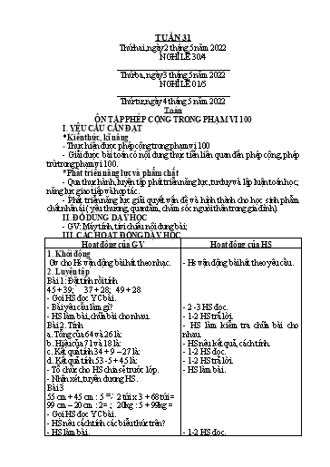 Giáo án Tiếng Việt + Toán Lớp 2 (Kết nối tri thức) - Tuần 31 - Năm học 2021-2022 - Hoàng Thi Thơ