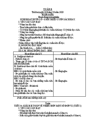 Giáo án Tiếng Việt + Toán Lớp 2 (Kết nối tri thức) - Tuần 8 - Năm học 2023-2024 - Hoàng Thi Thơ