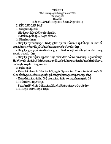 Kế hoạch bài dạy Đạo đức 1-5 (Kết nối tri thức) - Tuần 21 - Năm học 2024-2025 - Hà Thị Hiên