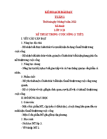 Kế hoạch bài dạy Mĩ thuật 1-5 - Tuần 1 - Năm học 2022-2023 - Phan Thị Minh Thư