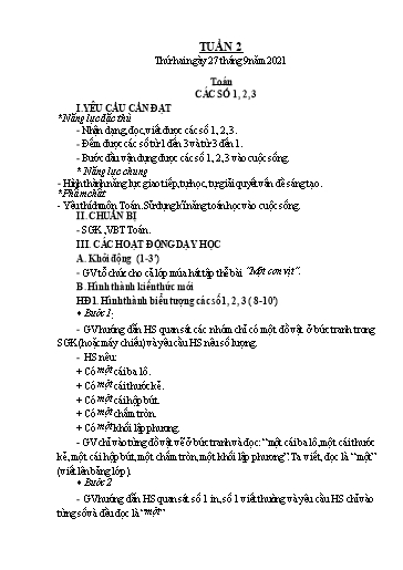 Kế hoạch bài dạy Tiếng Việt + Toán 1 - Tuần 2 - Năm học 2021-2022 - Phạm Thị Hương Giang