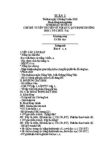 Kế hoạch bài dạy Tiếng Việt + Toán 1 - Tuần 2 - Năm học 2022-2023 - Phan Thị Minh Thư