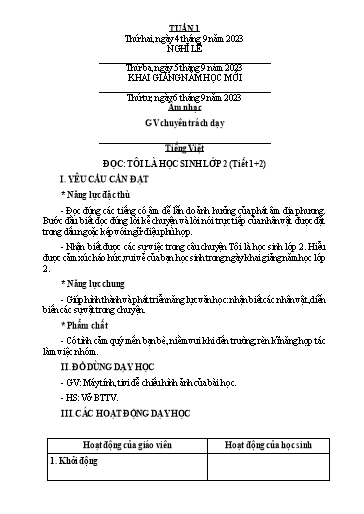 Kế hoạch bài dạy Tiếng Việt + Toán 2 (Kết nối tri thức) - Tuần 1 - Năm học 2022-2023 - Dương Thị Nga