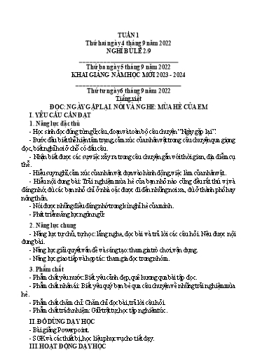 Kế hoạch bài dạy Tiếng Việt + Toán 3 (Kết nối tri thức) - Tuần 1 - Năm học 2023-2024 - Hà Thị Hiên