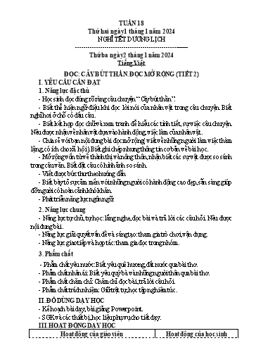 Kế hoạch bài dạy Tiếng Việt + Toán 3 (Kết nối tri thức) - Tuần 18 - Năm học 2023-2024 - Hà Thị Hiên