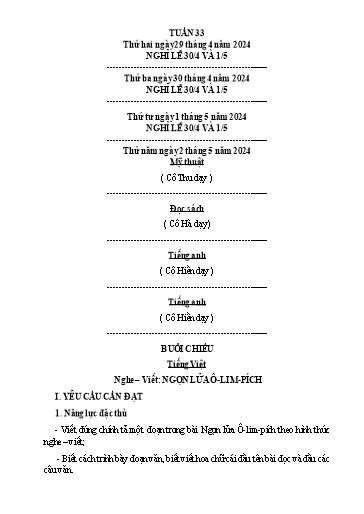 Kế hoạch bài dạy Tiếng Việt + Toán 3 (Kết nối tri thức) - Tuần 33 - Năm học 2023-2024 - Hà Thị Hiên