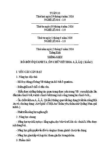 Kế hoạch bài dạy Tiếng Việt + Toán 3 (Kết nối tri thức) - Tuần 33 - Năm học 2023-2024 - Hoàng Thị Như Uyên