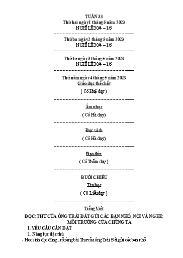 Kế hoạch bài dạy Tiếng Việt + Toán 3 (Kết nối tri thức) - Tuần 33 - Năm học 2022-2023 - Hà Thị Hiên