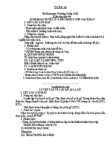 Kế hoạch bài dạy Tiếng Việt + Toán 4 - Tuần 26 - Năm học 2022-2023 - Phạm Thị Hương Giang