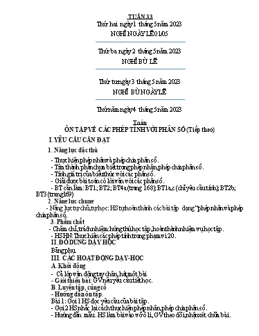 Kế hoạch bài dạy Tiếng Việt + Toán 4 - Tuần 33 - Năm học 2022-2023 - Phạm Thị Hương Giang