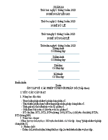 Kế hoạch bài dạy Tiếng Việt + Toán 4 - Tuần 33 - Năm học 2022-2023 - Phan Đình Khôi