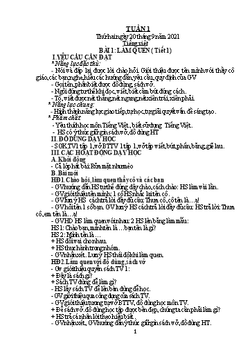 Kế hoạch bài dạy Toán + Tiếng Việt 1 (Kết nối tri thức) - Tuần 1 - Năm học 2021-2022 - Dương Thị Nga