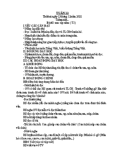 Kế hoạch bài dạy Toán + Tiếng Việt 1 (Kết nối tri thức) - Tuần 13 - Năm học 2021-2022 - Dương Thị Nga