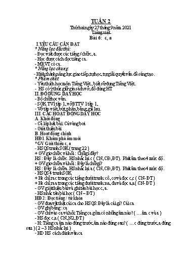 Kế hoạch bài dạy Toán + Tiếng Việt 1 (Kết nối tri thức) - Tuần 2 - Năm học 2021-2022 - Dương Thị Nga