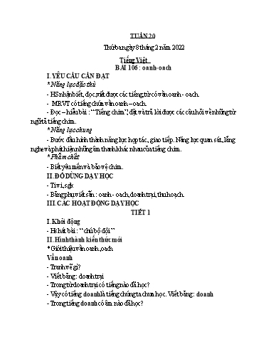 Kế hoạch bài dạy Toán + Tiếng Việt 1 (Kết nối tri thức) - Tuần 20 - Năm học 2021-2022 - Dương Thị Nga