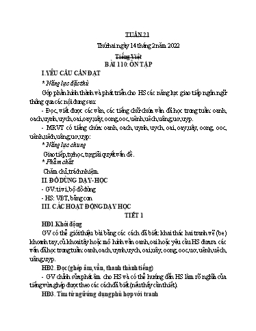 Kế hoạch bài dạy Toán + Tiếng Việt 1 (Kết nối tri thức) - Tuần 21 - Năm học 2021-2022 - Dương Thị Nga