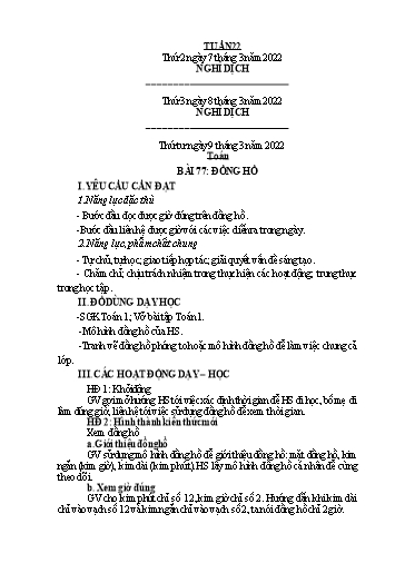 Kế hoạch bài dạy Toán + Tiếng Việt 1 (Kết nối tri thức) - Tuần 22 - Năm học 2021-2022 - Dương Thị Nga