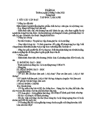 Kế hoạch bài dạy Toán + Tiếng Việt 1 (Kết nối tri thức) - Tuần 24 - Năm học 2021-2022 - Dương Thị Nga