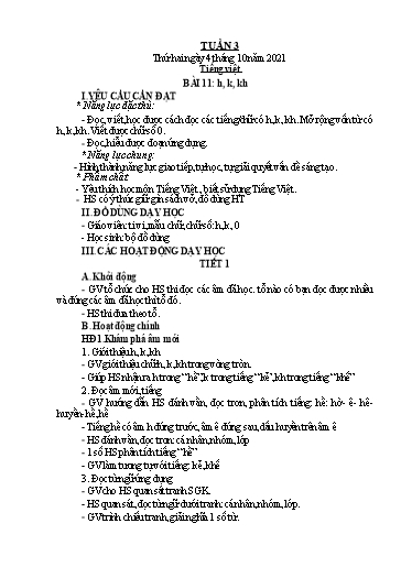 Kế hoạch bài dạy Toán + Tiếng Việt 1 (Kết nối tri thức) - Tuần 3 - Năm học 2021-2022 - Dương Thị Nga