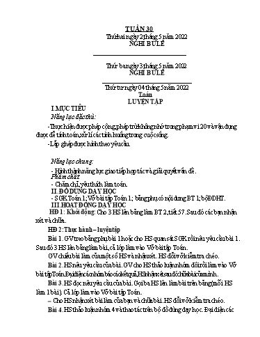 Kế hoạch bài dạy Toán + Tiếng Việt 1 (Kết nối tri thức) - Tuần 30 - Năm học 2021-2022 - Dương Thị Nga