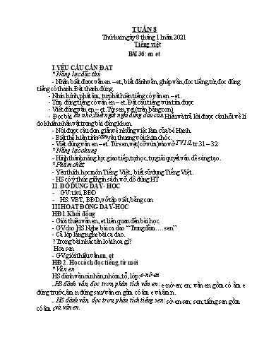 Kế hoạch bài dạy Toán + Tiếng Việt 1 (Kết nối tri thức) - Tuần 8 - Năm học 2021-2022 - Dương Thị Nga