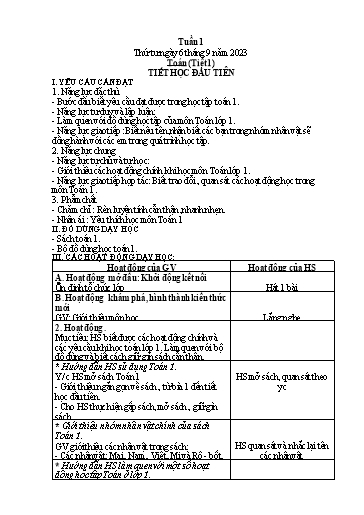 Kế hoạch bài dạy Toán + Tiếng Việt 1 - Tuần 1 - Năm học 2023-2024 - Phan Thị Minh Thư