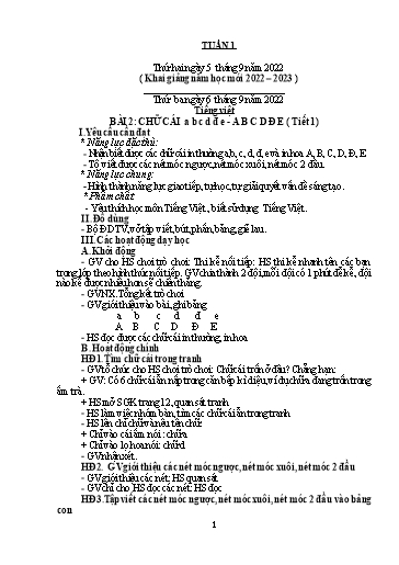 Kế hoạch bài dạy Toán + Tiếng Việt 1 - Tuần 1 (Sáng) - Năm học 2022-2023 - Phan Thị Minh Thư