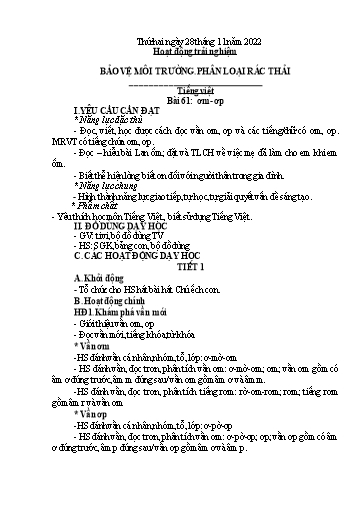 Kế hoạch bài dạy Toán + Tiếng Việt 1 - Tuần 13 - Năm học 2022-2023 - Phan Thị Tú Oanh