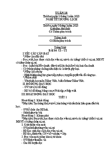 Kế hoạch bài dạy Toán + Tiếng Việt 1 - Tuần 18 - Năm học 2022-2023 - Phan Thị Tú Oanh