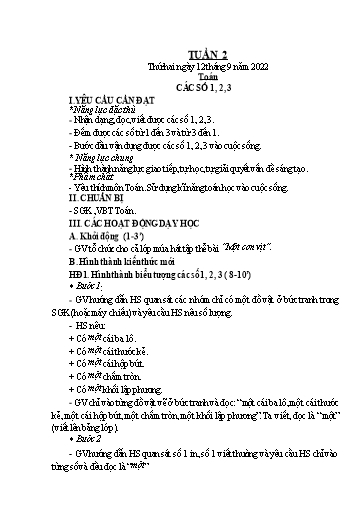 Kế hoạch bài dạy Toán + Tiếng Việt 1 - Tuần 2 - Năm học 2022-2023 - Phan Thị Tú Oanh