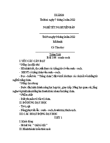 Kế hoạch bài dạy Toán + Tiếng Việt 1 - Tuần 20 - Năm học 2021-2022 - Phan Thị Tú Oanh