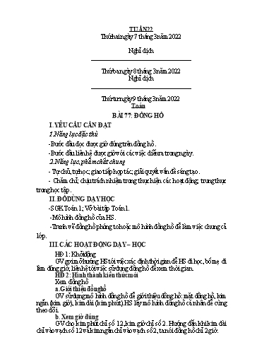 Kế hoạch bài dạy Toán + Tiếng Việt 1 - Tuần 22 - Năm học 2021-2022 - Phan Thị Tú Oanh