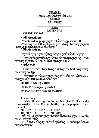 Kế hoạch bài dạy Toán + Tiếng Việt 1 - Tuần 31 - Năm học 2021-2022 - Phan Thị Tú Oanh