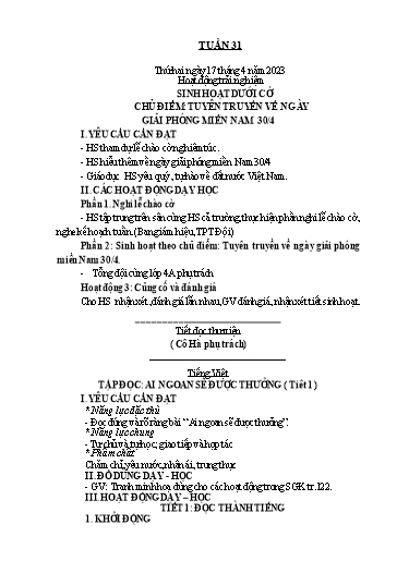 Kế hoạch bài dạy Toán + Tiếng Việt 1 - Tuần 31 - Năm học 2022-2023 - Phan Thị Minh Thư