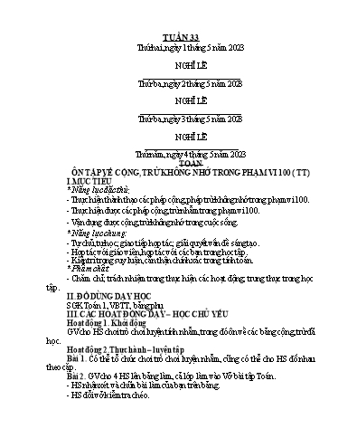 Kế hoạch bài dạy Toán + Tiếng Việt 1 - Tuần 33 - Năm học 2022-2023 - Phan Thị Minh Thư