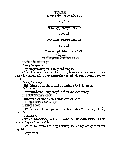 Kế hoạch bài dạy Toán + Tiếng Việt 1 - Tuần 33 - Năm học 2022-2023 - Phan Thị Tú Oanh