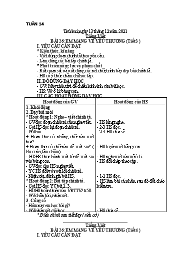 Kế hoạch bài dạy Toán + Tiếng Việt 2 - Tuần 14 - Năm học 2021-2022 - Phan Thị Minh Thư